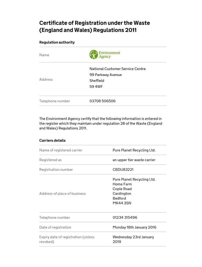 Pure Recycling's Licence Information